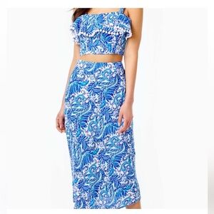 Lilly Pulitzer Baha Blue BIRD IS THE WORD GRETNA SET 2pc Crop Top & Skirt NWOT